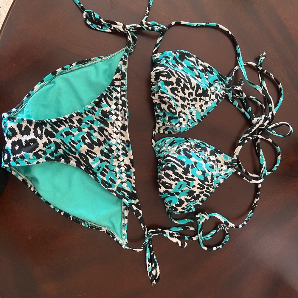 Aqua and black cheetah string bikini